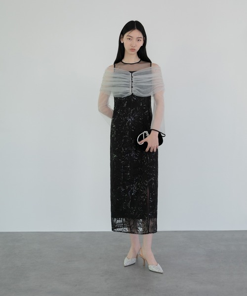 セール】【LEJA】チュールオフショルダー花柄Iラインドレスワンピース