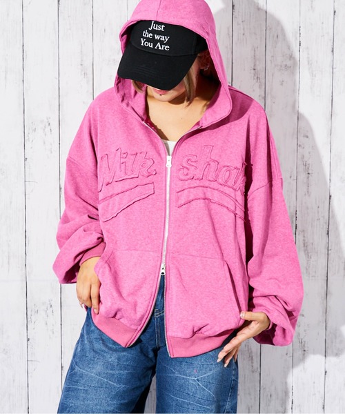 セール】《ロゴ刺繍》ピグメントZIPパーカー／立体デザイン（パーカー