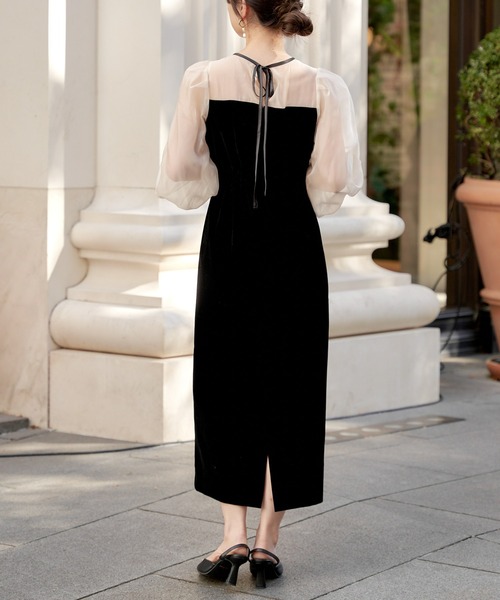 2サイズ展開】配色シースルータイトロングドレス（ドレス）｜Chico