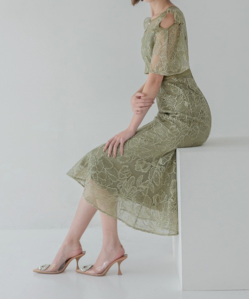 セール】【LEJA】フラワーレースシアーフリルマーメイドドレス