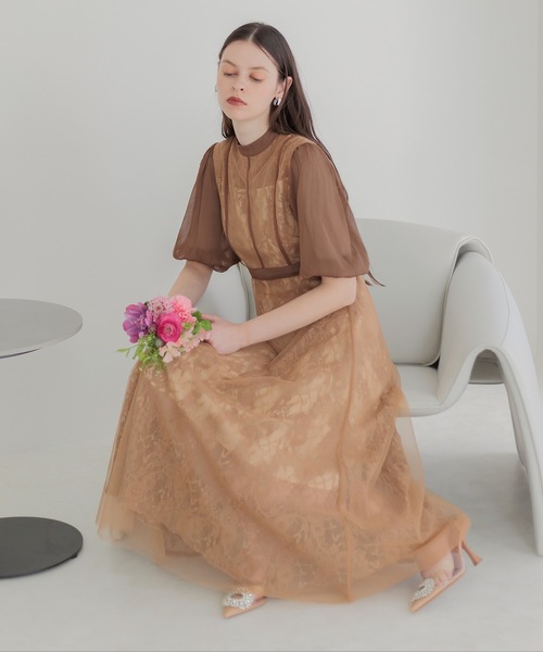 セール】【LEJA】美脚効果ハイウエストチュールレース切り替えドレス