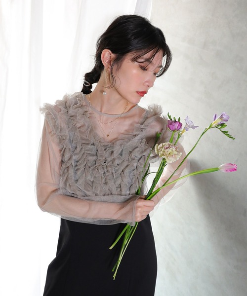 セール】チュール ボリューム フリル ベスト シアー トップス