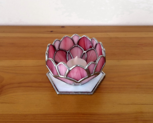 ステンドグラス ピンクローズのパネル(スタンド付)縦65.3㎝×横47