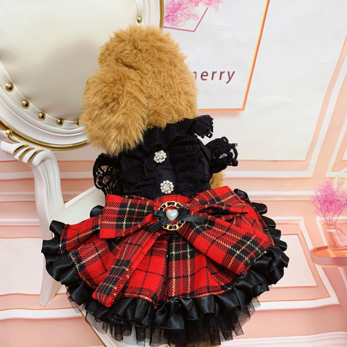 犬服 No.168 スコットチェック赤わんぴ ハンドメイド