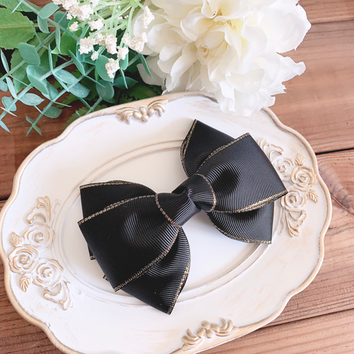 トリプルリボン 金ふち 黒 ブラック 卒業式 入学式 ポニーフック