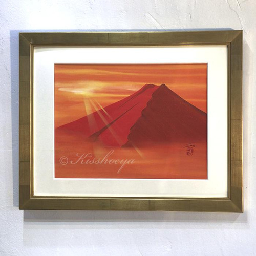 ○『西湖から陽色に染まる朝日の富士山』がんどうあつし油絵原画F4額付