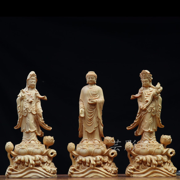 新作 西方三聖 阿弥陀如来三尊 観音菩薩 勢至菩薩 供養品 木彫仏像