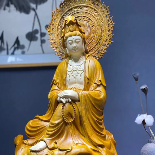 新作 自在観音 観音菩薩座像 香樟材 木彫仏像 仏教美術 彫刻工芸品