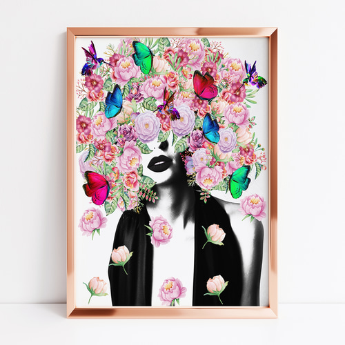 アートポスター 女性シルエット 花と蝶 カラフル フェミニン