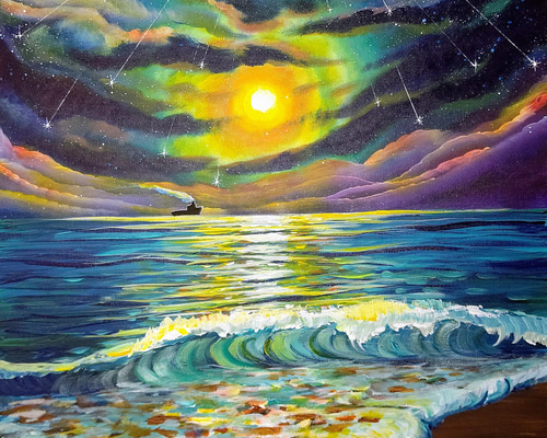 星降る海】絵画。キャンバスF10号。海。星。月。アート。 絵画 新藤