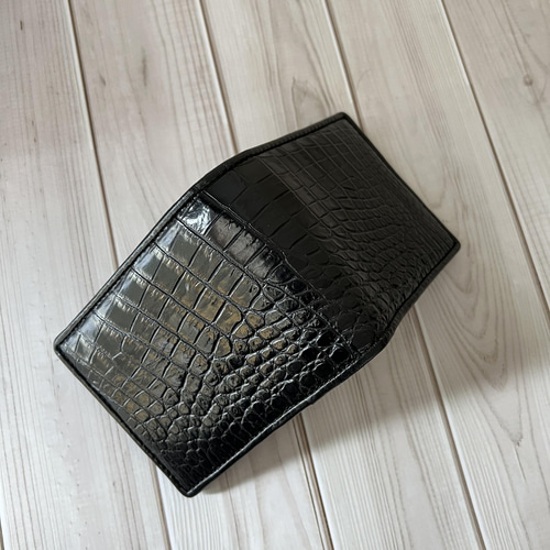 レア 本物保証 本革 黒 クロコダイル ミニ財布 二つ折り財布