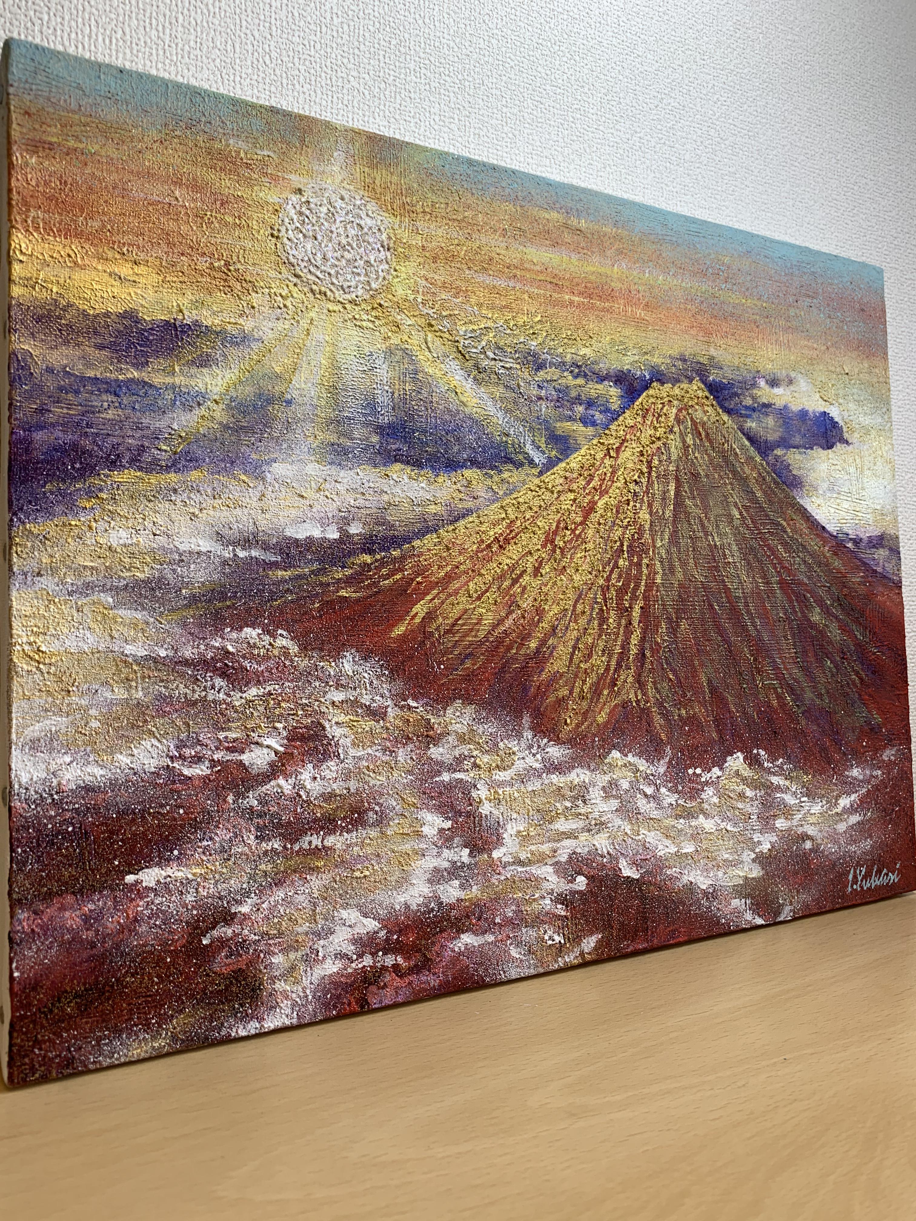 画家 haru 油彩画 富士山 日の出 F6号 真作 原画 一点物 。 画家 haru
