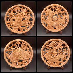 四神霊獣 4枚セット 白木風柿渋仕上げ（白虎・青龍・朱雀・玄武） 参