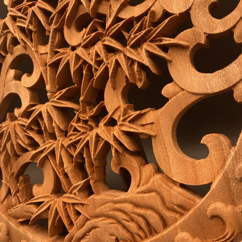 梅蘭竹菊 26.5cm（四君子 竹) 参次元彫刻『雅』 透かし彫 楠彫刻