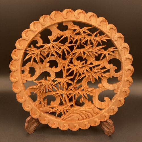 梅蘭竹菊 26.5cm（四君子 竹) 参次元彫刻『雅』 透かし彫 楠彫刻