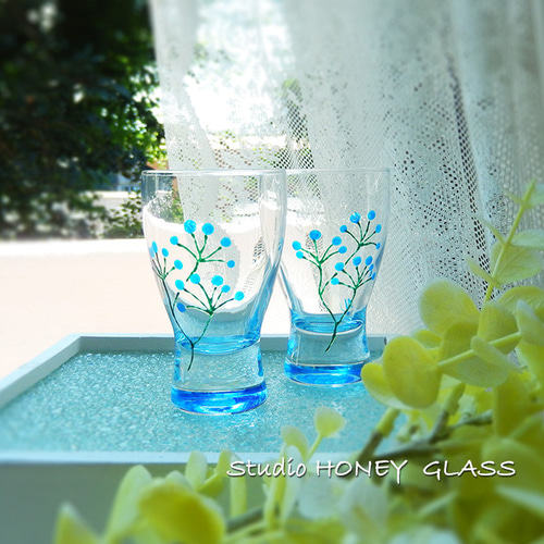 新作】青い花のミニグラス（絵付けグラス） グラス Studio HONEY GLASS