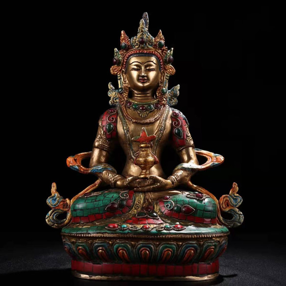 仏像 銅製 ネパール 貴石象嵌 長寿仏 聖無量寿智決定光明王如来 仏教
