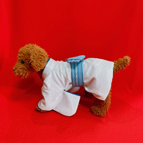 犬の袴✨犬用本格着物&袴セット 金襴 わんこ着物 白×青 犬服 ペット服