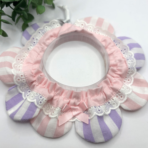 猫ちゃんザビエル首輪 ピンク＆パープルストライプ✖️フリル リード