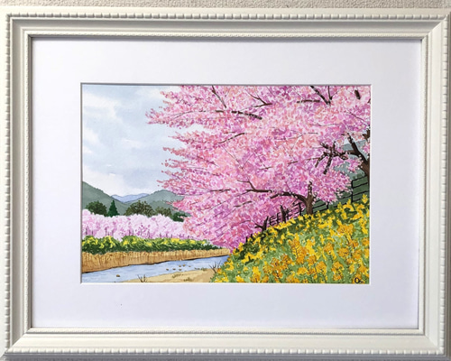 河津桜」透明水彩画 原画 風景画 額縁付 A4サイズ 絵画 Oni 通販
