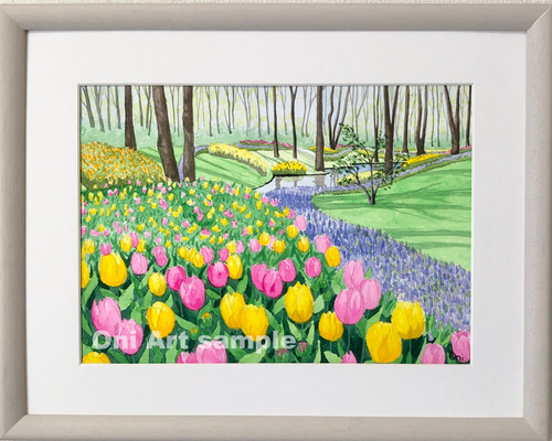 チューリップの咲く公園」透明水彩画 原画 風景画 額縁付 F4サイズ