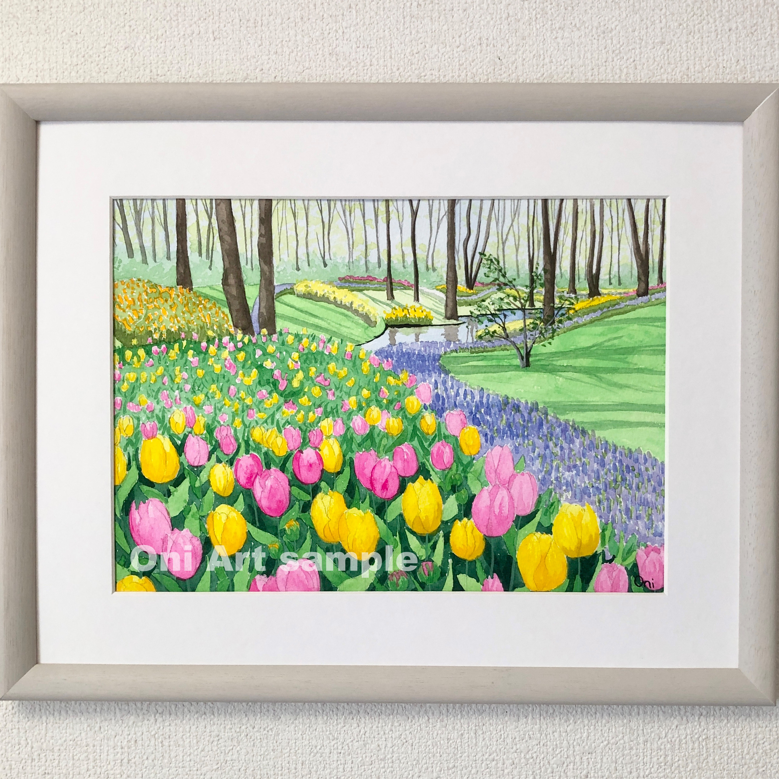 透明水彩画 原画 「花の咲く路地08」額縁付 B3サイズ 風景画 透明