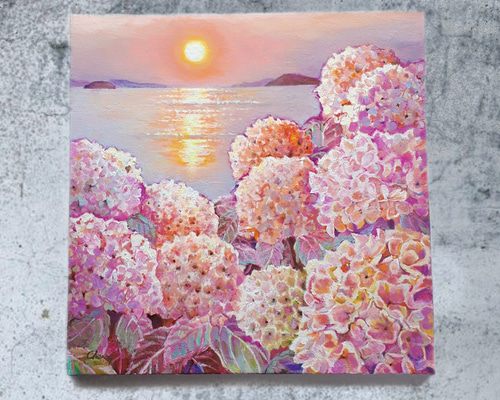 一点物】『 瀬戸内海の夕日と紫陽花 』油絵 油彩 油画 インテリア