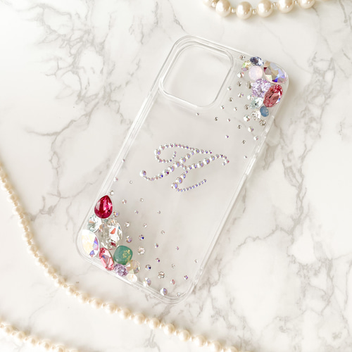 iPhone17pro,Max,16,15,14他クリアケースイニシャル スワロフスキー