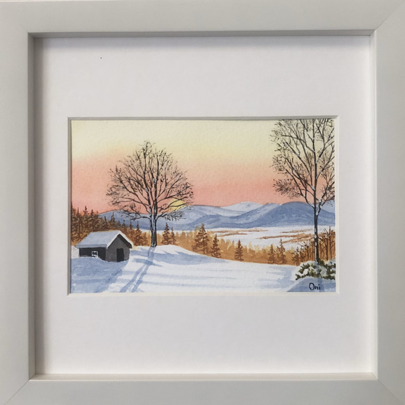 雪景色・穏やかな朝」透明水彩画 原画 風景画 額縁付 ハガキサイズ
