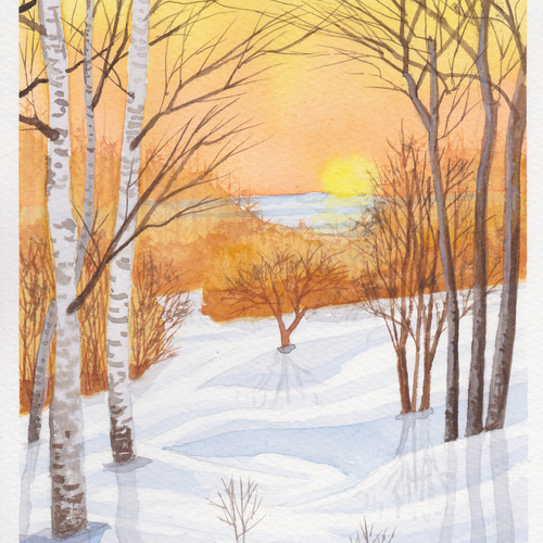 透明水彩画 原画 「雪原の朝焼け」額縁付 F6サイズ 風景画 【公式通販】