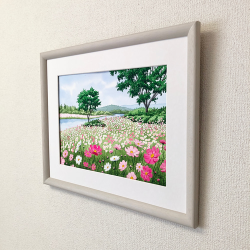 透明水彩画原画「コスモスの川辺」額縁付F4サイズ