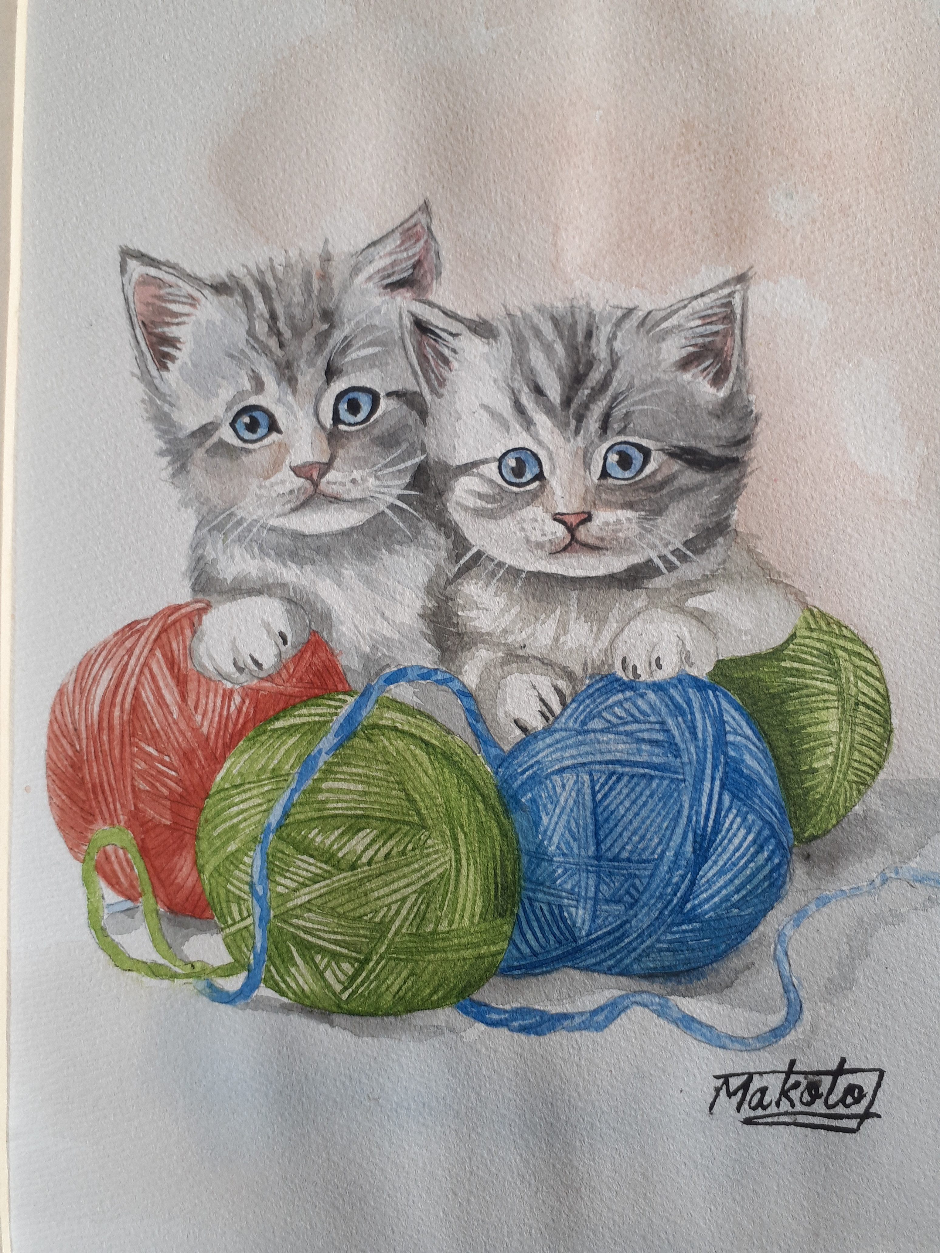 オーダー作品 自作絵画 ふたごのネコ 猫の絵 オーダー作品 自作絵画