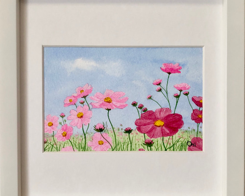 コスモス01」透明水彩画 原画 風景画 額縁付 ハガキサイズ 絵画 Oni