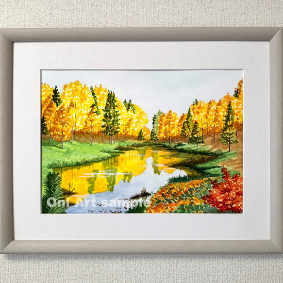 アクリル画 原画 「オータムパーク02」額縁付き F4サイズ 風景画