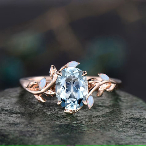 楕円アクアマリンリング ヴィンテージリーフマーキスオパール5石自然