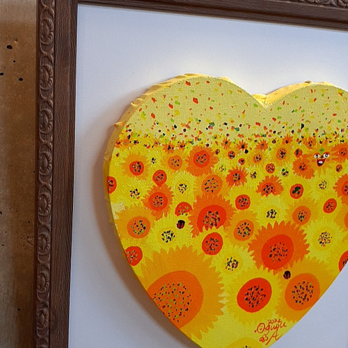 ハッピーひまわり畑と富士山 額付き F3号キャンバス 画家 小楠アキコ