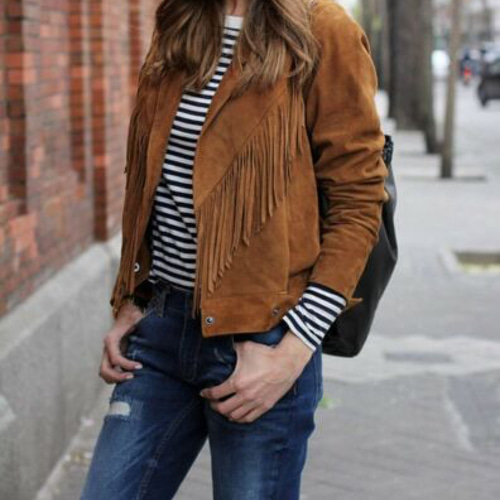 スエードフリンジレザージャケット Suede Leather Casual Jacket with