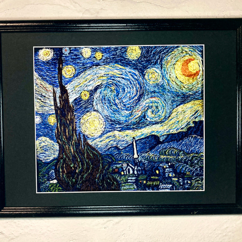 模写 ゴッホ「星月夜」横振刺繍 額縁外側A3サイズ その他アート