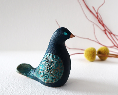鳥の置物 アンティーク風仕上げ 陶置物 ／ 濃紺・ゴールド・ターコイズ