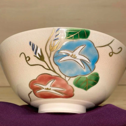 京焼 '色絵 朝顔' 夏茶碗 平茶碗 抹茶茶碗 茶碗・めし碗 清香〜きよか