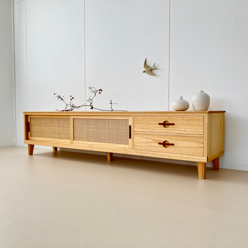 1800mm 桐とラタンの ローボード TVボード テレビ台 飾り棚 テレビ