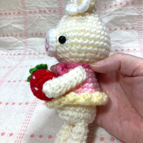 イチゴを持ったオシャレうさぎちゃんの編みぐるみ☆ あみぐるみ Nstar