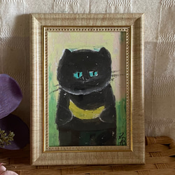 絵画。原画☆キャンバスF6【黒猫はプレゼントを持って花が咲く日を迎え