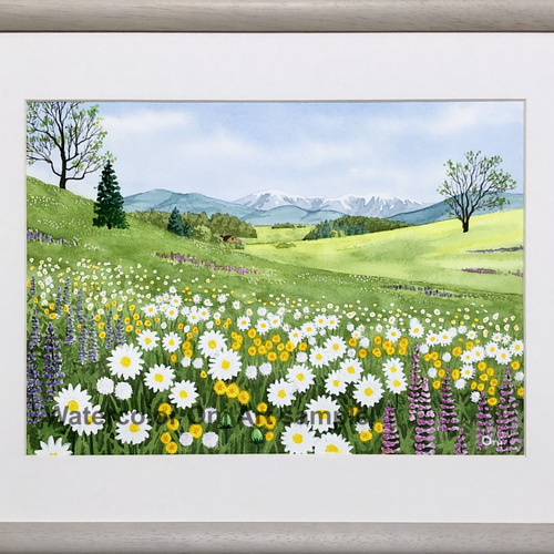 アクリル画原画「野花の咲くフィールド05」額縁付きF4サイズ風景画