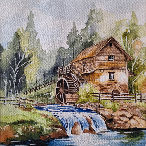 真作】絵画 油彩 水車小屋と渓流 古典ヨーロッパ風景画 クラシック