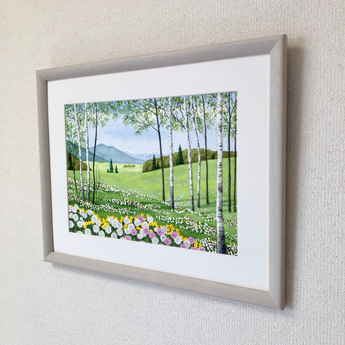 透明水彩画 原画 「春爛漫01」額縁付 F4サイズ 風景画 透明水彩画 原画