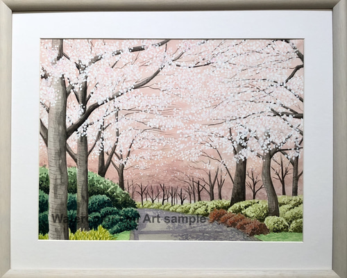 透明水彩画 原画 「薄紫のアジサイ」額縁付 4Fサイズ 風景画 紫陽花の