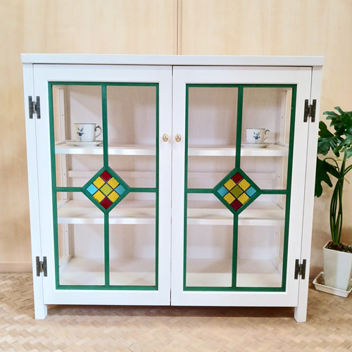 希少ヴィンテージ 旭川純木工芸 いさみや ステンドグラス 飾り棚