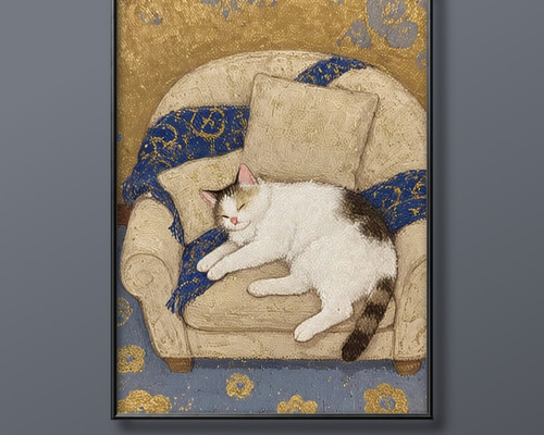 絵画。原画☆キャンバスF6【猫ちゃんはソファーに座って美しい星空を