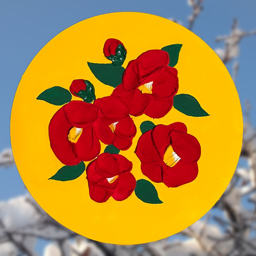 テクスチャーアート アクリル画 椿 冬 花 イエロー レッド 赤 黄色